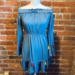 Off the Shoulder Long Sleeve Rainbow Tassel Dress